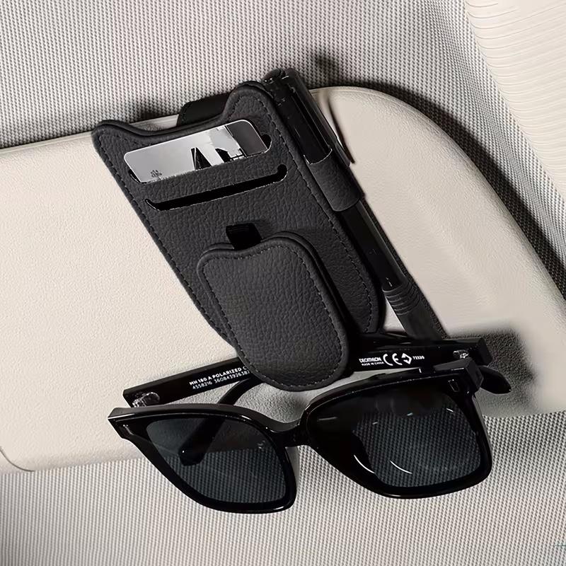 Magnetic Sunglasses Holder Car Sun Visor Eyeglasses Clip Multi-Functional PU Ticket Card Clip Vehicle Accessory