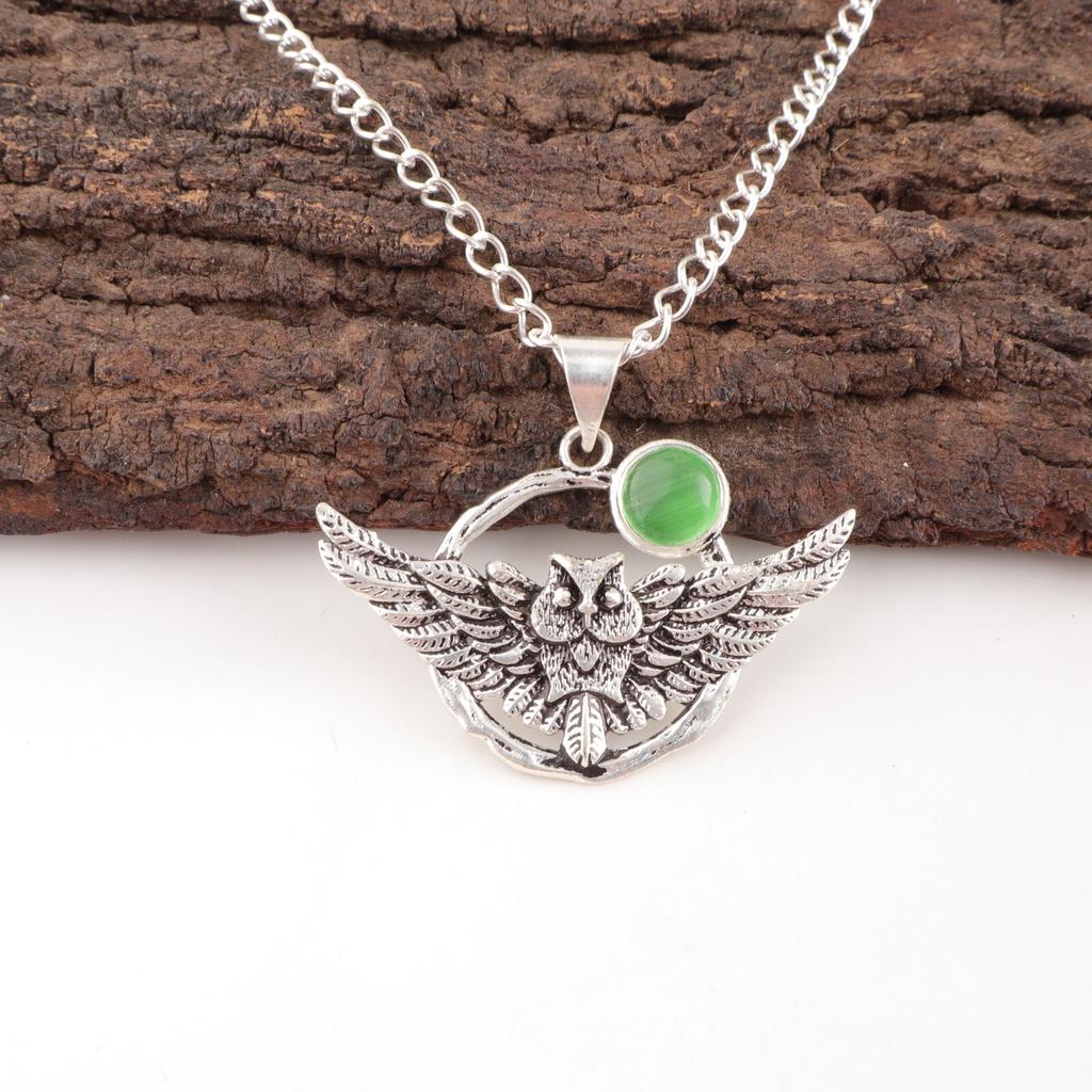 Grüner Katzenaugen-Edelstein 925 Sterlingsilber Schmuck Handgefertigter Anhänger 1,48" CP-17-42