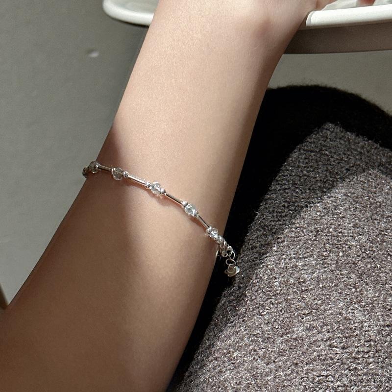 Handmade Korean Design 925 Sterling Silver Sea Blue Crystal Beads Beaded Bracelet for Women
