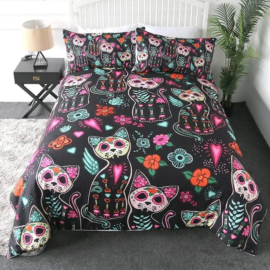 Black Cat Theme Duvet Cover Three-Piece Set Black And White Kitten Print Bedding Set Quilt Cover Pillowcase