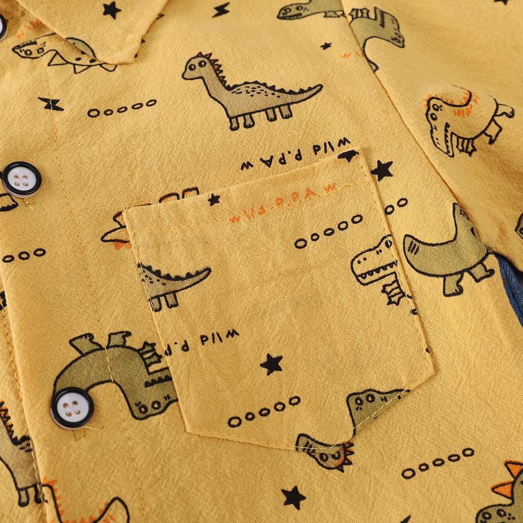 Boys' Dinosaur Print Two-Piece Set: Lapel Long Sleeve Top & Elastic Denim Pants