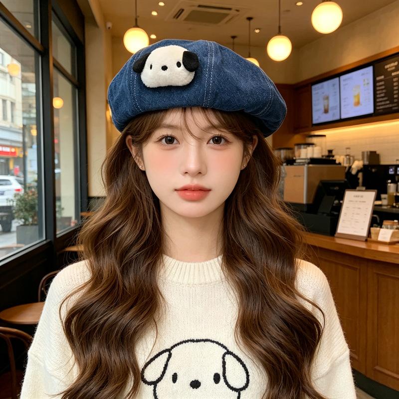 Cute puppy doll cat ear beret children spring and autumn cartoon plain painter hat showing face small personality newsboy hat