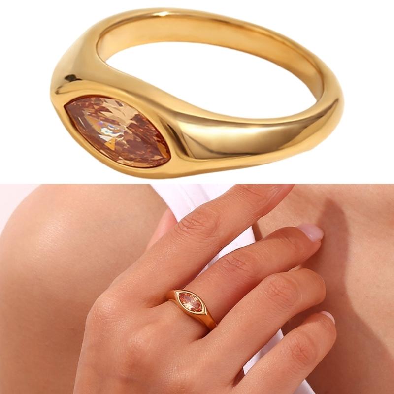 Horse Eye Zircon Seal Ring Colorful 18K Gold Plated Ring Stainless Steel Finger Jewelry Everyday Wear Accessories