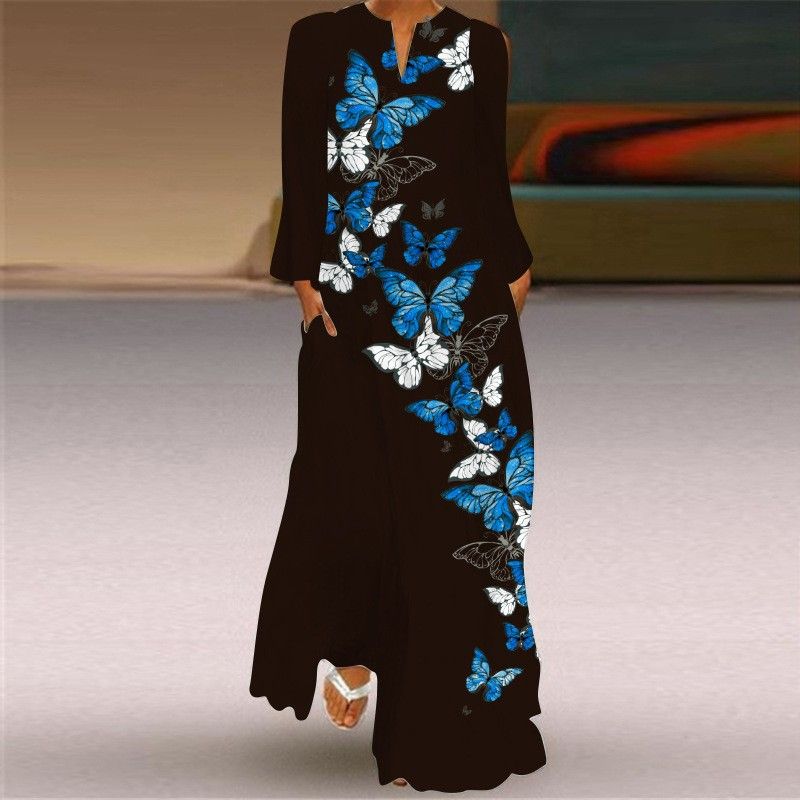 New Chinese Style Chinese Style Skirt Elegant Sexy Long Sleeves 3D Print Long Skirt Loose Plus Size Women's Clothing Long Dress