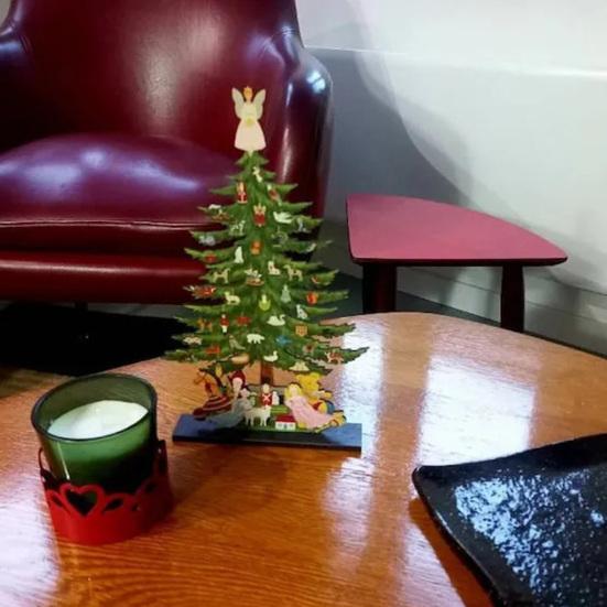 10 Inch Wooden Mini Christmas Tree Handmade 3D Xmas Tree Tabletop Centerpiece with Angel Topper for Home Office Mantel Decor