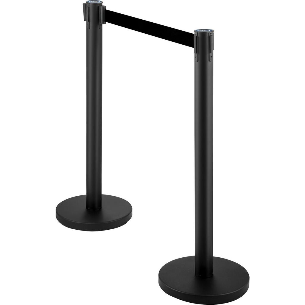 Crowd Control Stanchion, Set of 4 Pieces Stanchion Set, Stanchion Set with 6.6 ft/2 m Black Retractable Belt, Black Crowd Control Barrier w/ Concrete