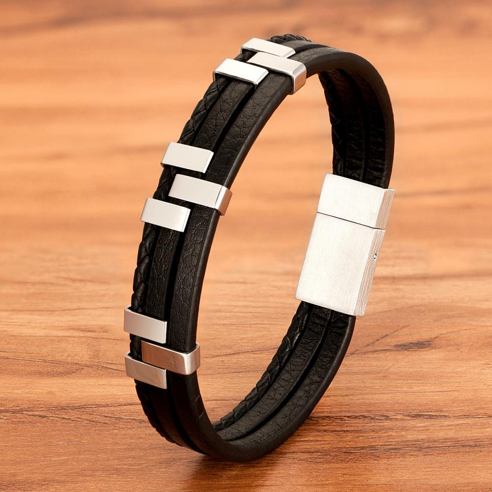 Black Brown Blue Color Three-Layer Stitching Accessories Stainless Steel Men s Leather Bracelet Advanced Design Style Gift 19cm чёрный