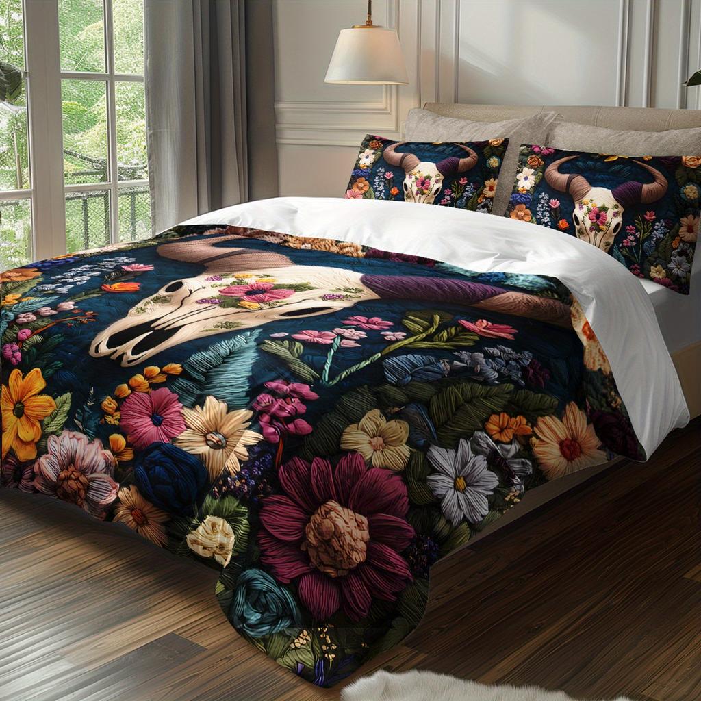 3Pcs Bohemian Floral Cow Skull Bedding Duvet Cover Set Floral Cow Skull Bedding Quilt Set Bohemian Themed Bed Quilt Set Printed