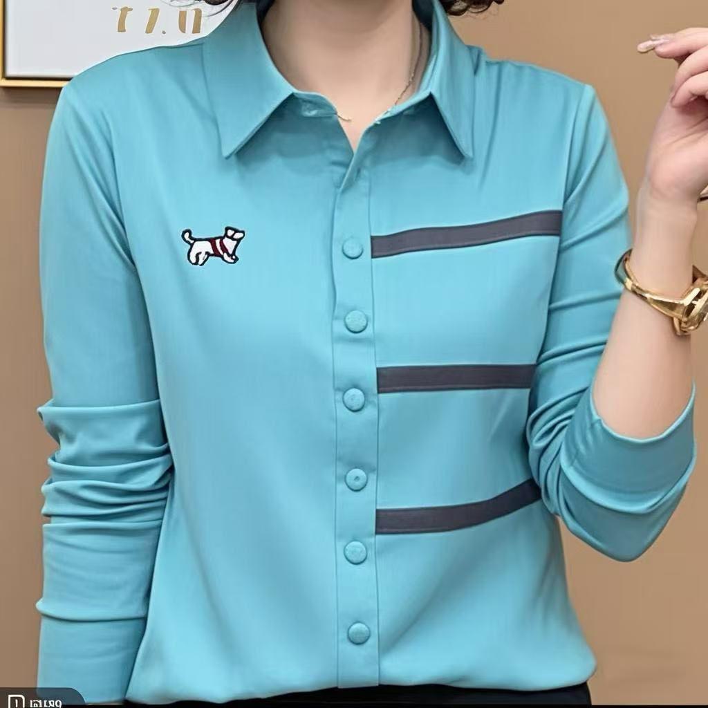 

2025 Минималистичная женская рубашка приталенного кроя: Весна/Осень, Воротник поло 5XL светло-синий