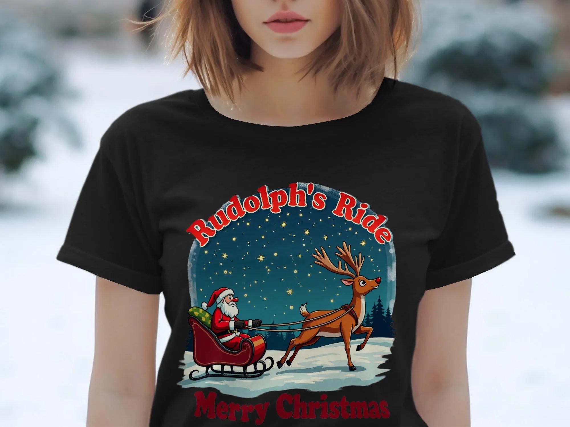 Santa Claus and Rudolphs Sleigh Pattern Tshirt for Unisex and Women Casual Printed Tshirt Merry Christmas Tshirt S