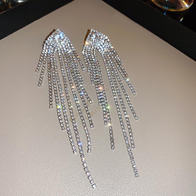 Luxury Zircon Tassel Silver Earrings – High-End European & American Fashion for Women