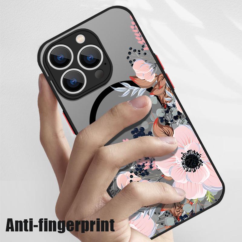 Beautiful Floral Pattern for Magsafe Case For iPhone 16 Pro Max 15 14 Plus 13 12 Pro 11 8 7 Clear Matte Shockproof Soft Edge Slim Magnetic Phone Cover
