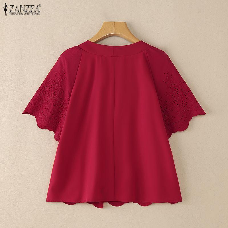 ZANZEA Women Casual V-Neck Short Sleeve Patchwork Crochet Blouse