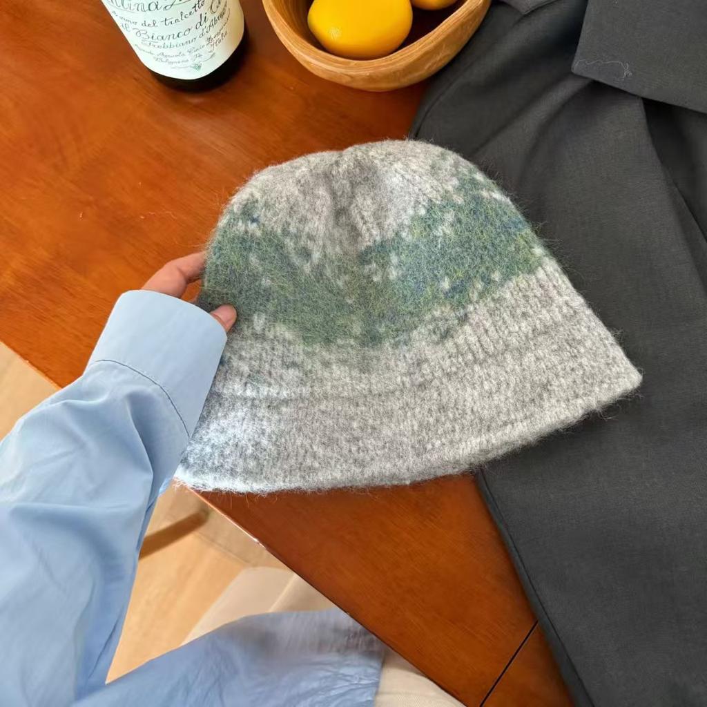 Retro Jacquard Knitted Wool Hat Women's Autumn and Winter Warm Face Bucket Hat Plain Face Small Bucket Hat