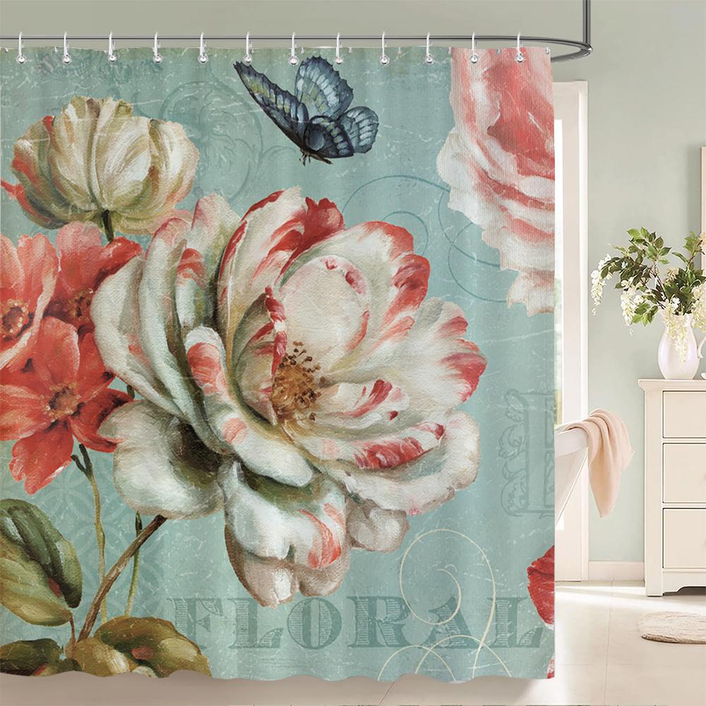 1 Pcs Retro Big Flowers Pattern Polyester Shower Curtain Partition Floral Bathroom Curtain with Hooks Home Decorative Curtain