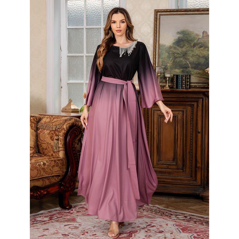 Middle East Cross-Border Amazon Women Clothes Dubai Dress Elegant Soft Light Satin Fixed Beads Gradient Robe Dress