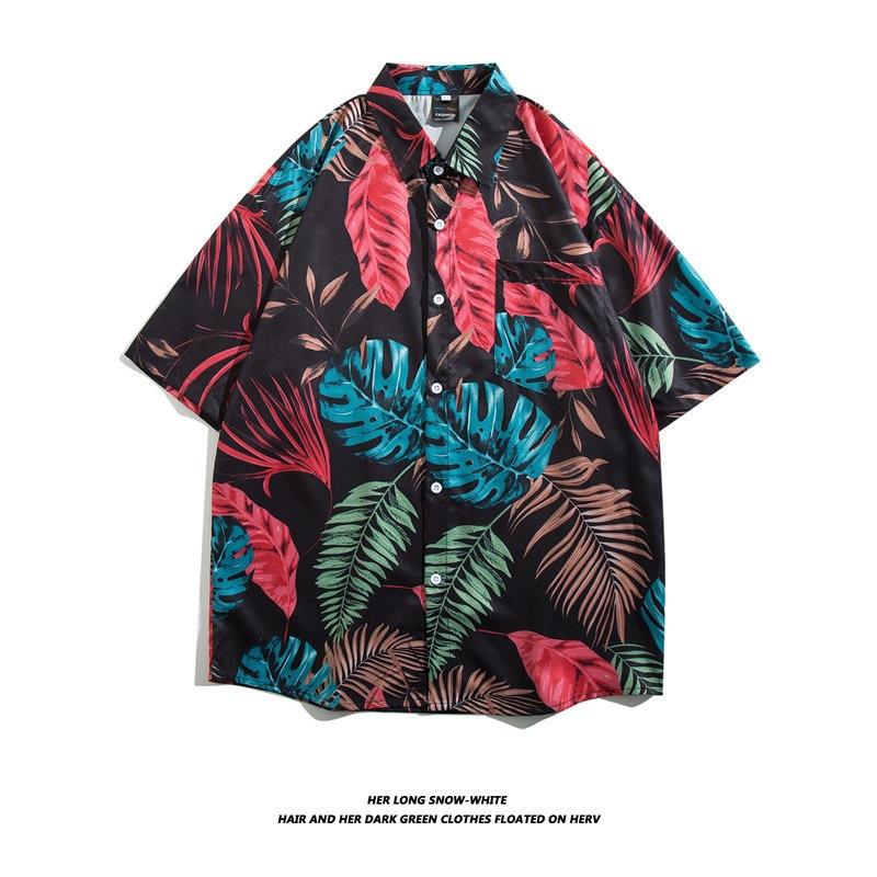 Hong Kong-style retro Hawaiian short-sleeve floral shirt for men and women, couple's beach shirt