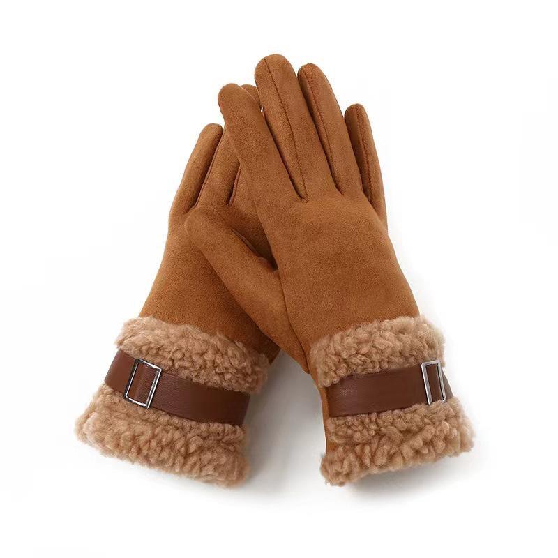 Plush Cuff Metal Buckle Suede Gloves Solid Color Thickened Warm Gloves Women's Stylish Versatile Cold-proof Gloves