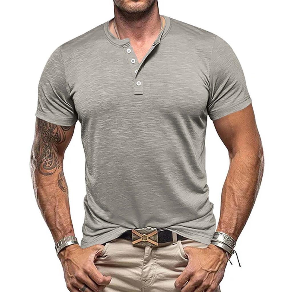 Men's Summer Solid Color T-shirt 4-Button Open Front Button Short Sleeved Top