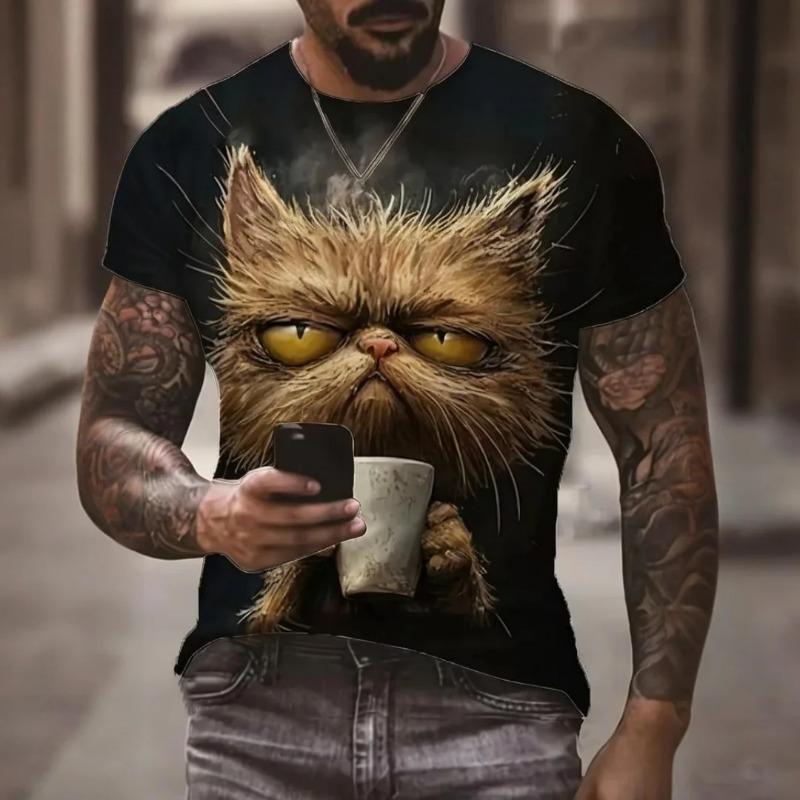 Men's T-shirt Outdoor Casual Summer Round Neck Tops Short Sleeve 3D Cat Printed Pattern Polyester Loose Men's Clothing