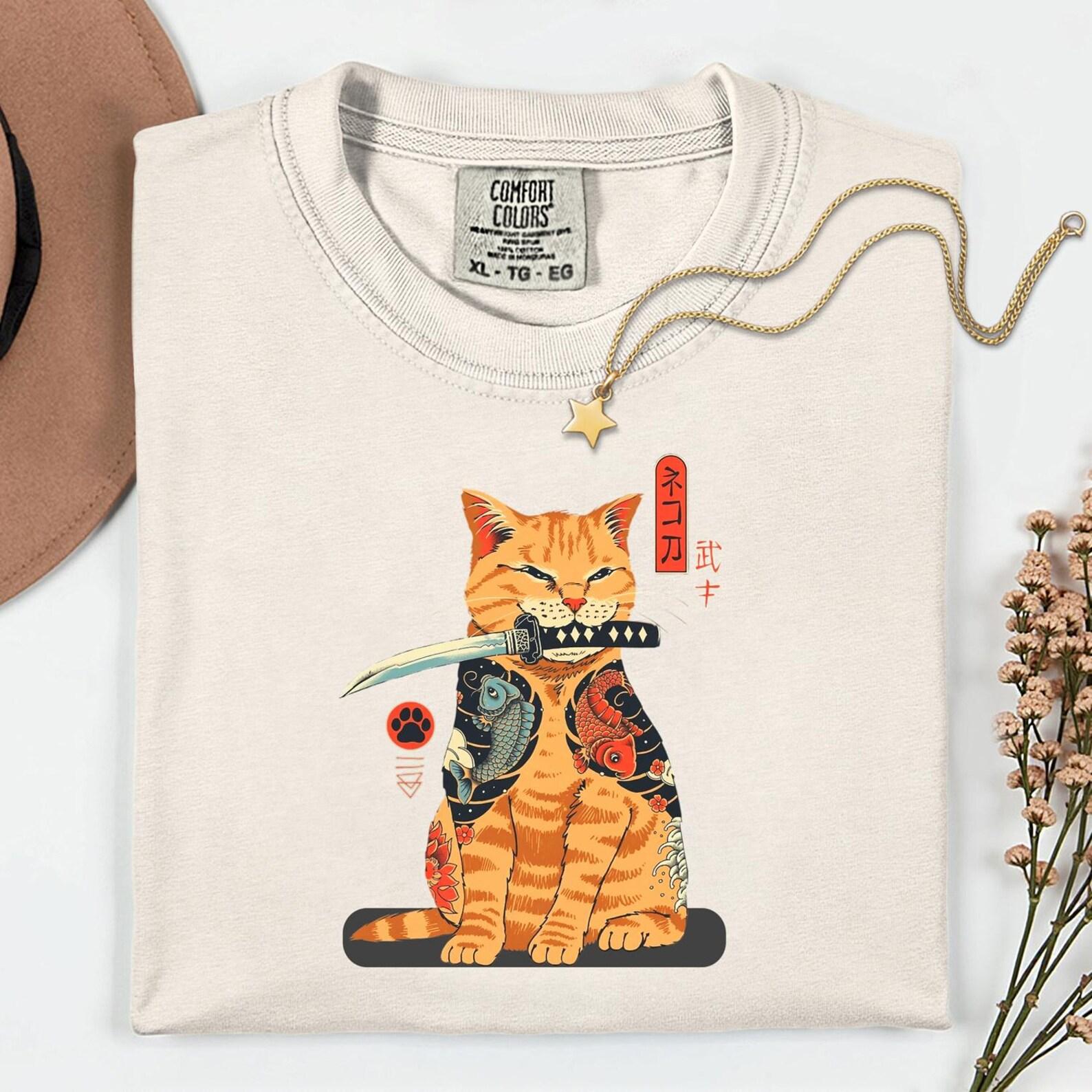 Samurai Cat Shirt, Japanese Tattoo Katana Kitty Graphic Tee, Koi Fish Anime Streetwear XL