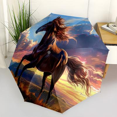 Horse, Sunset Themed Automatic Opening and Closing Umbrella, Portable Tri Fold Small Umbrella for Men and Women,Gift0725020z