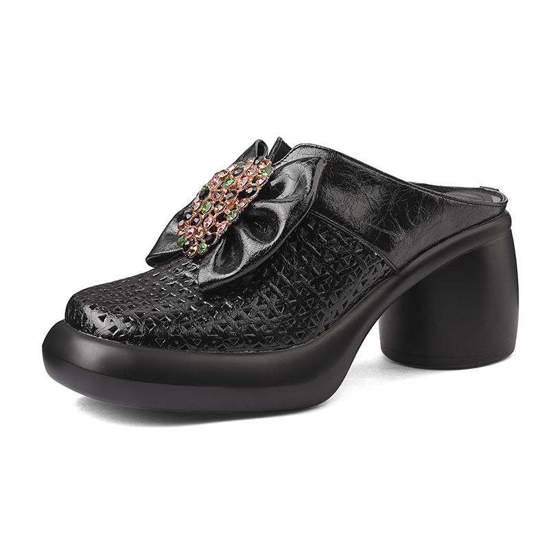Fashion New Women's Genuine Leather, Cowhide, Rhinestone, Bow, Thick Sole, Thick Heel, High Heel, Hollow Toe, Fashion, M Ü Ller Slippers