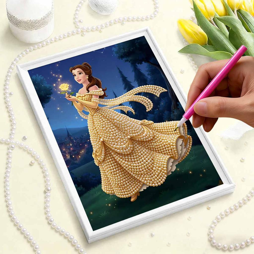 Disney Pearl Painting Belle Gold Dress Rose Creative Art Exquisite Landscape Sparkling Painting Craft Home Wall Decoration DIY Handmade Gift