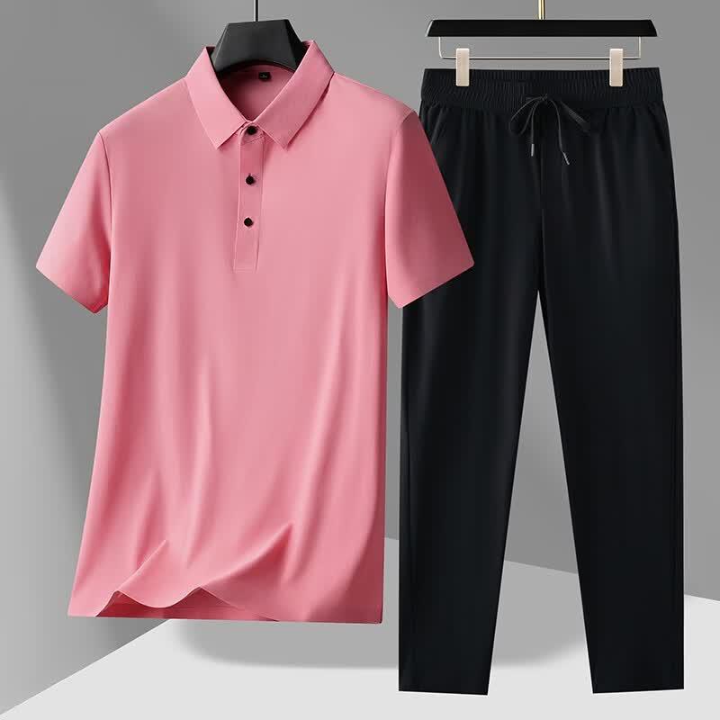 LangSha Men's Ice Silk Short Sleeve Polo Set
