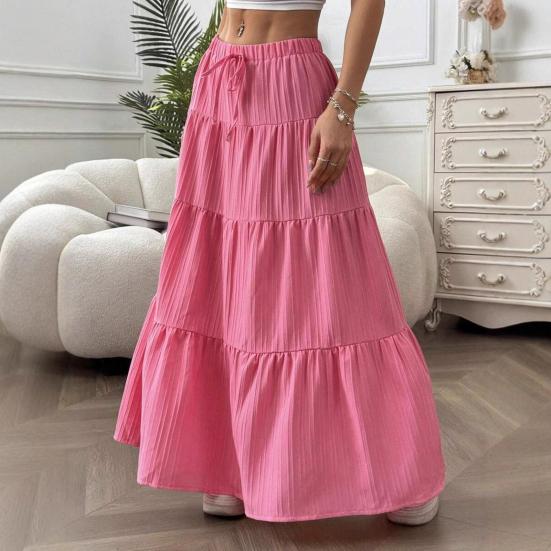 Women Long Skirt Spring Summer Middle Waist A Line Flowy Swing Skirt Breathable Solid Color Elastic Waist Drawstring Pleated Casual Skirt