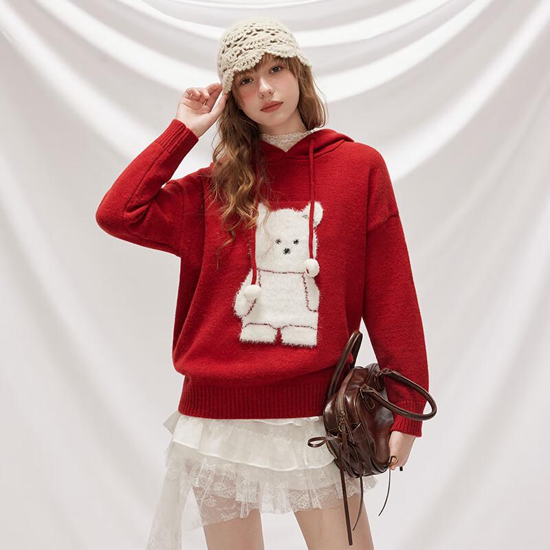 unifree Preppy Bear Jacquard Color Block Hooded Sweater