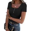 Dámské tričko s úzkým spodním dílem, módní ležérní, jednobarevný, s knoflíky, čtvercovým výstřihem, svetr s krátkým rukávem