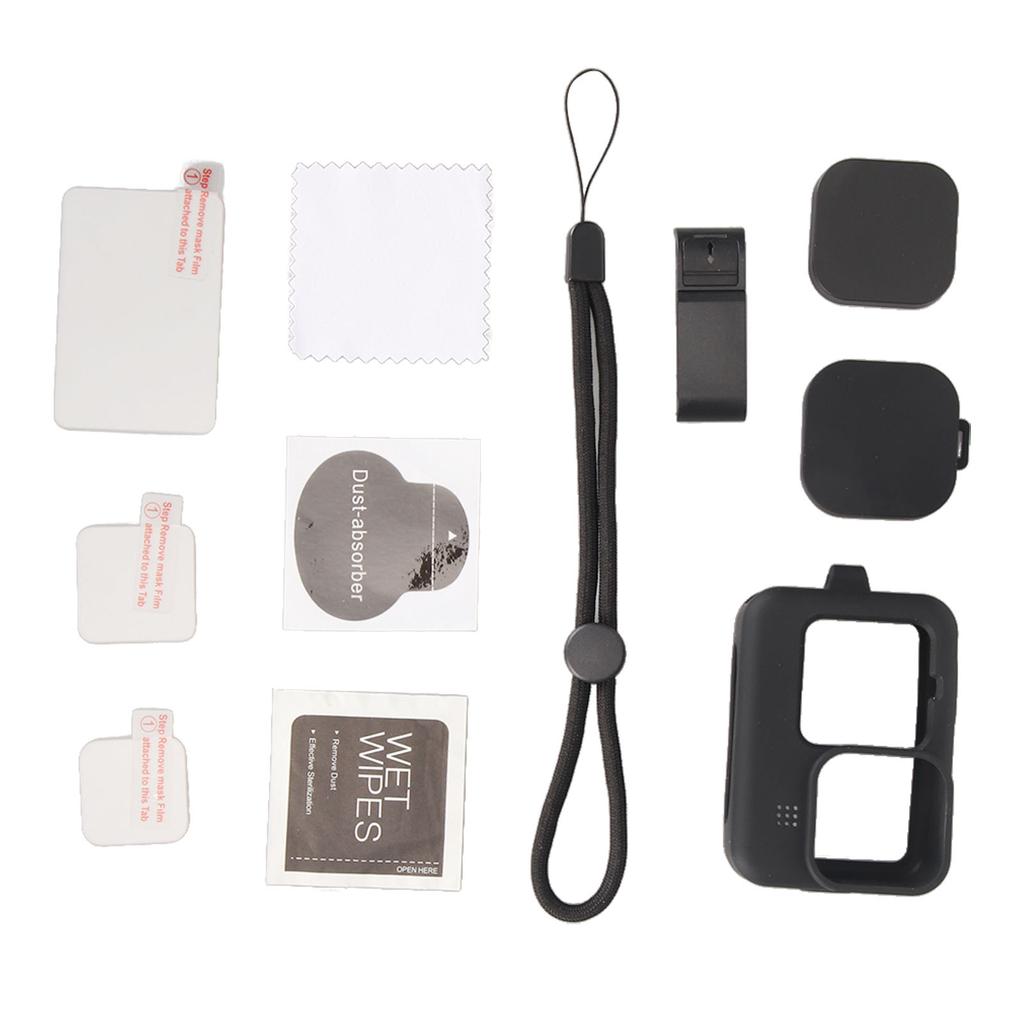 Action Camera Silicone Sleeve Case Tempered Glass Film Lens Cover Charging Side Cover Set Black
