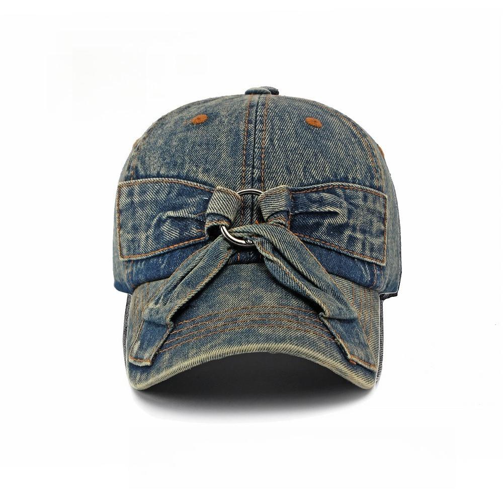 Korean Fashion Denim Bow Baseball Cap, Washed Vintage Women’s Sun Hat, Casual Soft Brim Duckbill Cap for Streetwear