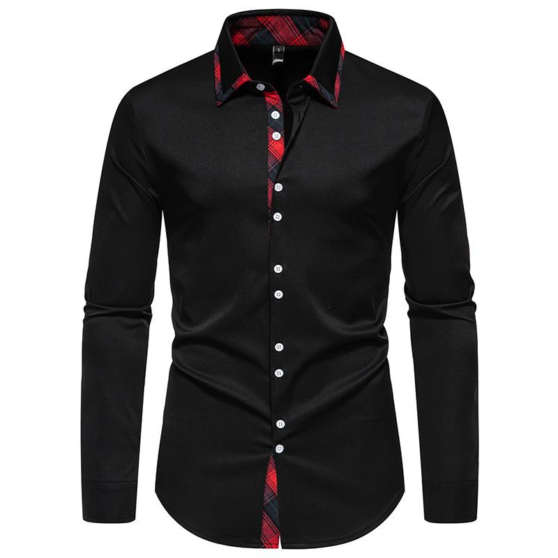 Men's Plaid Contrast Triangle Neck Long Sleeve Shirt Casual Shirt