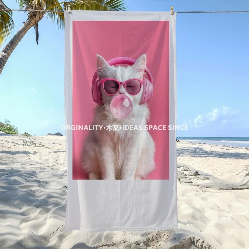 Retro Pink Cool Cat Beach Towel Patterned Sunscreen And Windproof Suitable For Swimming Pool Camping Travel