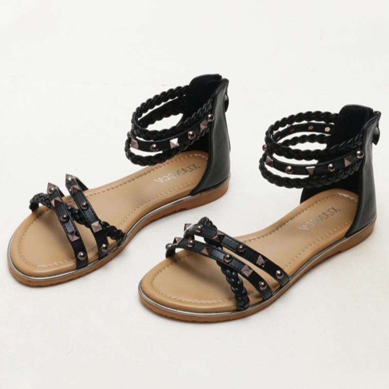 Fashion Metal Rivet Decoration Flat Sandals Women Novelty Woven Cross Tied Zip Designer Shoes Summer Sexy Open Toe Beach Sandals