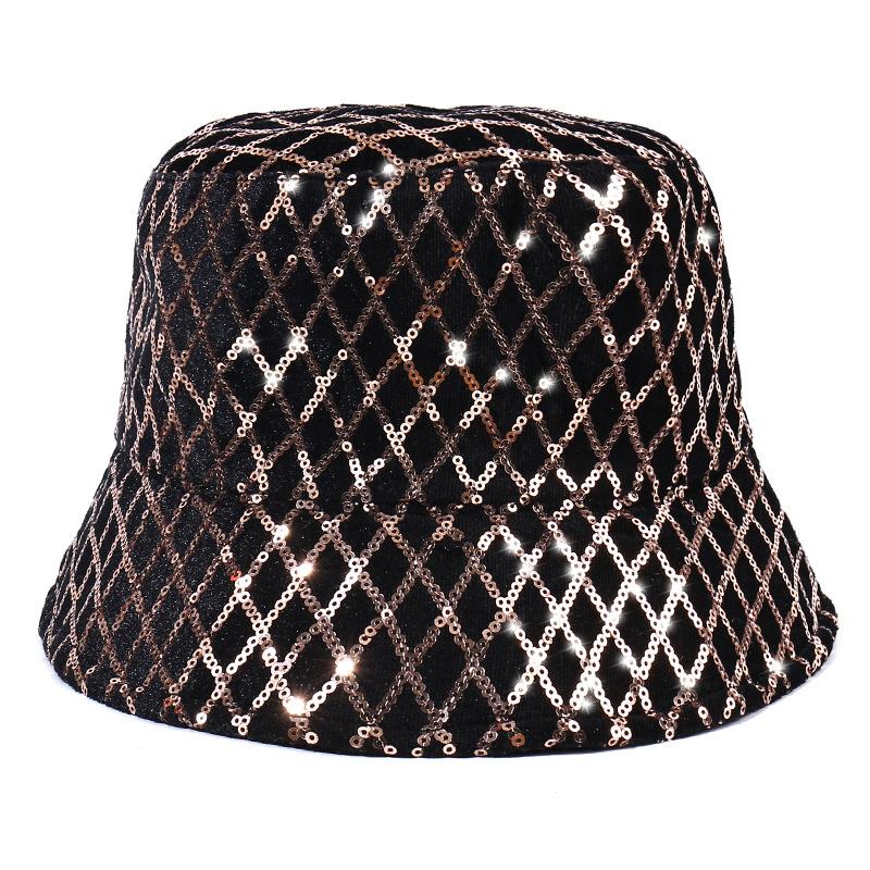 Spring and Autumn New Golden Velvet Bucket Hat Women, Fashionable Personality Sequined Grid Sunshade Washbasin Hat