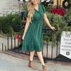 Women's   Summer Dress  V Neck Short Sleeve Belted Ruffle Hem A-Line Bohemian Maxi Dresses
