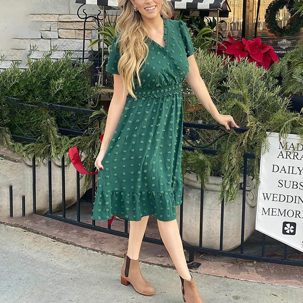 Women's   Summer Dress  V Neck Short Sleeve Belted Ruffle Hem A-Line Bohemian Maxi Dresses