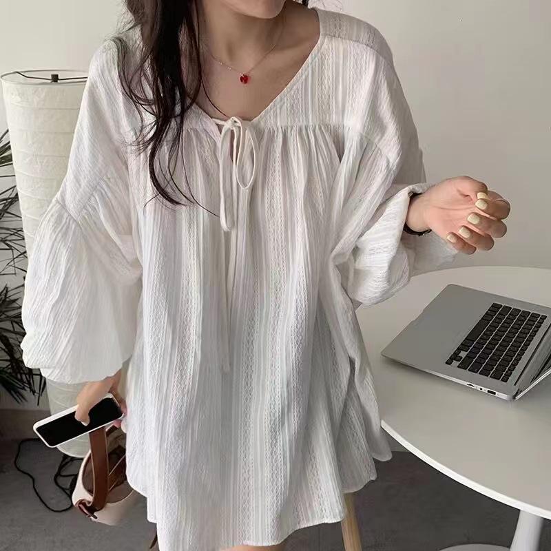 Dongdaemun Cotton Linen Lantern Sleeve Babydoll Shirt - Women's Mid-Length Top, 2025 Summer Design