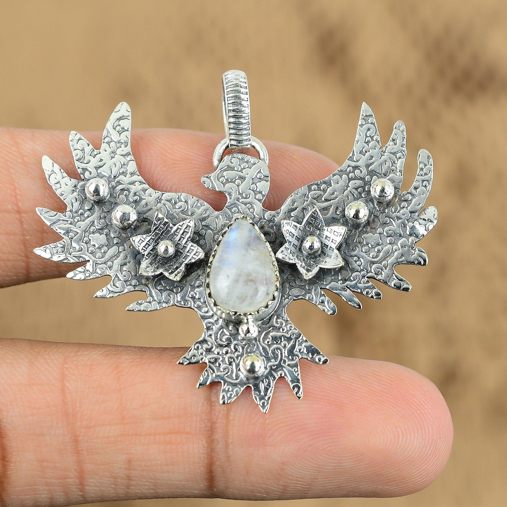

Natural Rainbow Moonstone Gemstone Pendant Eagle 925 Sterling Silver For Girls