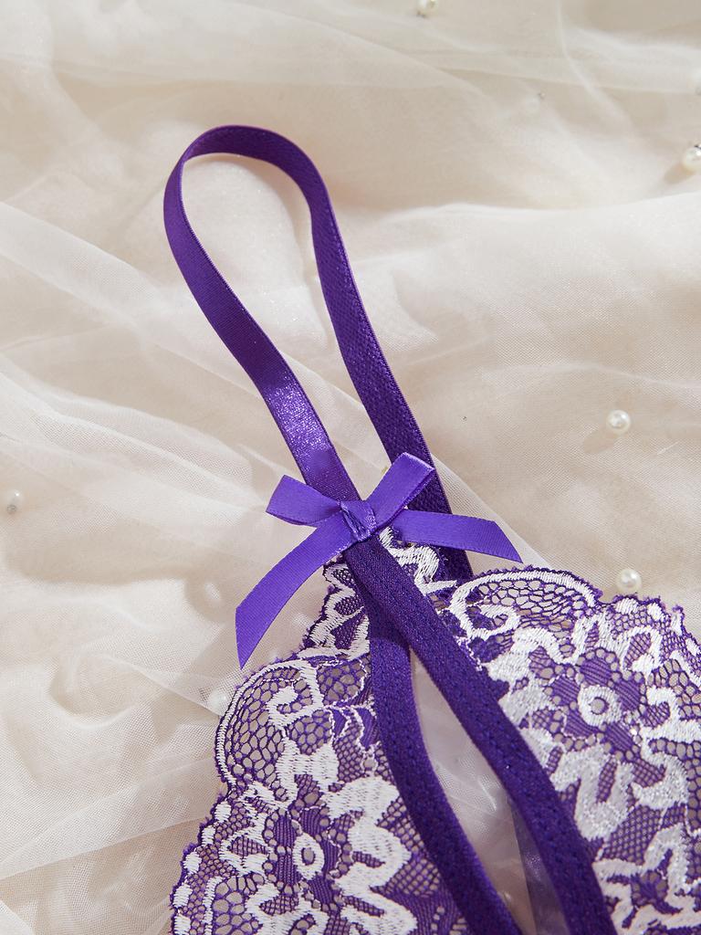 Purple Lace Lingerie Set Women  Open Crotch Transparent Sexy Bra And Thongs Sets Sex Temptation Erotic Couples Date Underwear