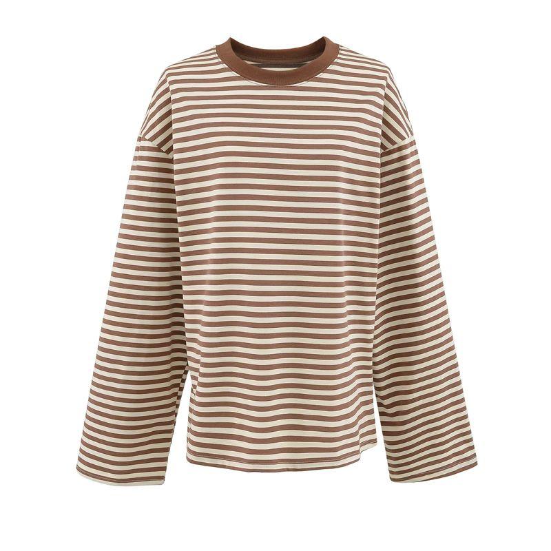 Summer New Product Women's Clothes French Lazy Style Round Neck Long Sleeves Contrast Color Stripes Casual Loose T-shirt Tops