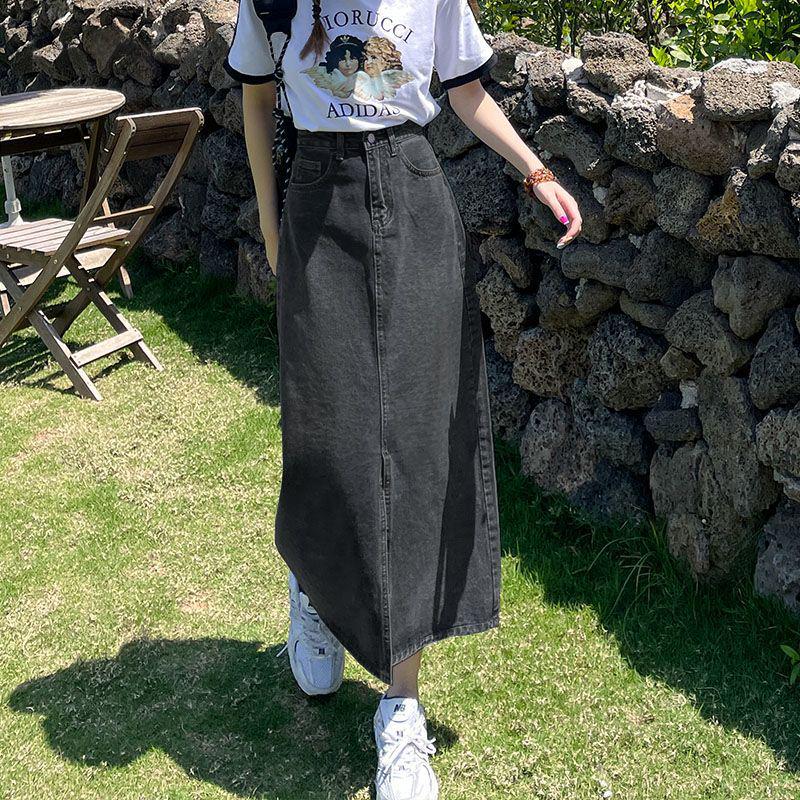 High-Waisted Black & Gray Midi A-Line Denim Skirt for Petite Women - Hip-Hugging, Slimming, Mid-Length Medium