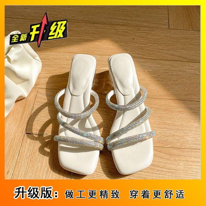 2025 Summer New Rhinestones Open-toed Thick High Heels Open-toed Sandals Women's Simple Square Head One-word Slippers