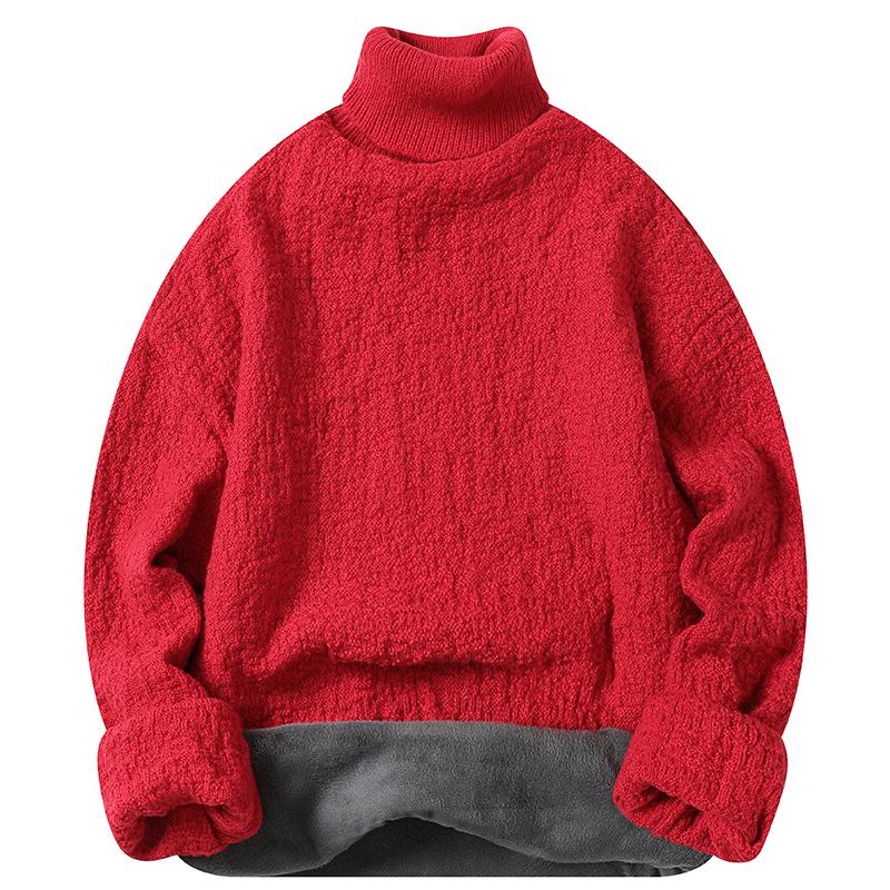 

Korean Style Men s High-Neck Plush Sweater - Winter Warm Knitwear M червоний