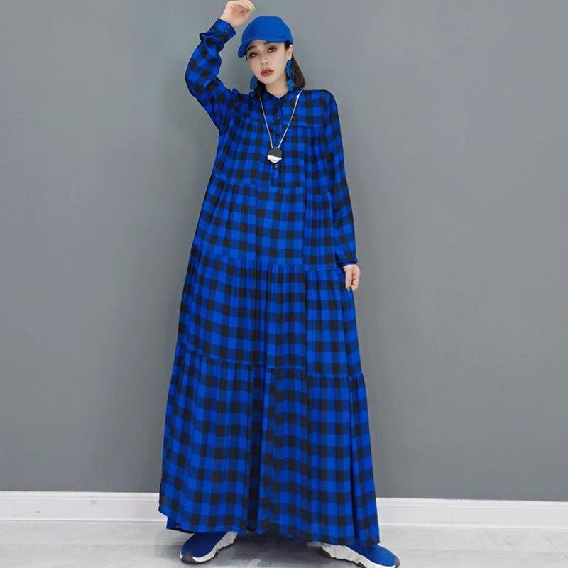 Xitao Plaid Pleated Fashion Loose Dress GWJ0734