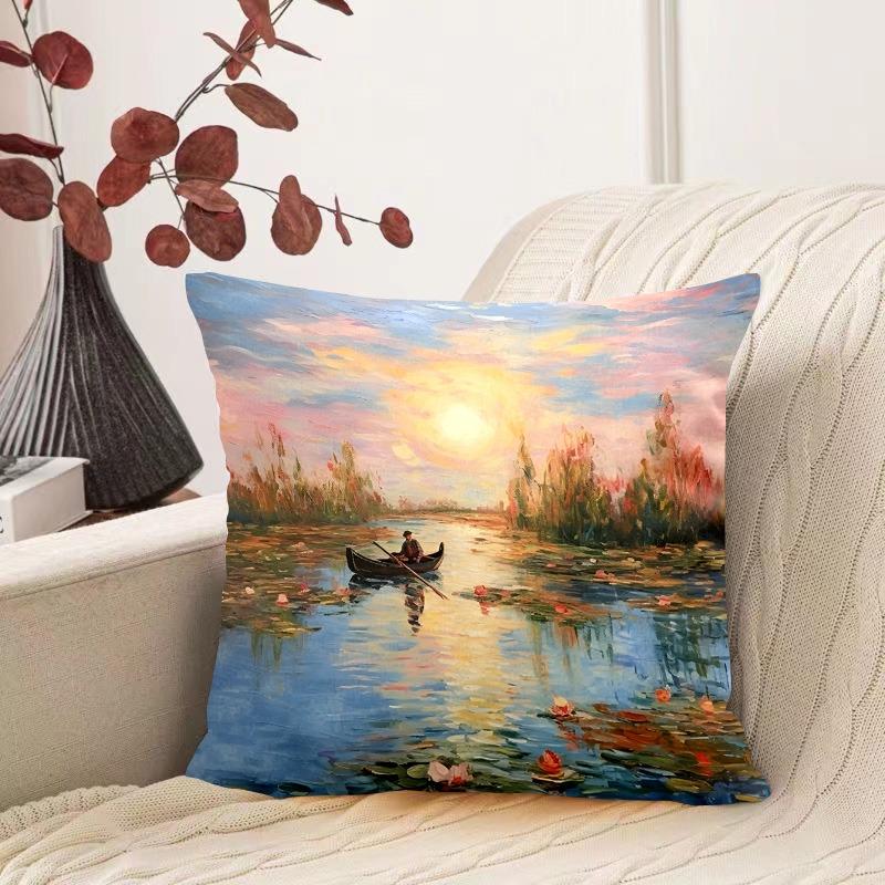 Oil Painting Water Lily Pattern Decorative Pillowcase Living Room Bedroom Square Cushion Pillowcase