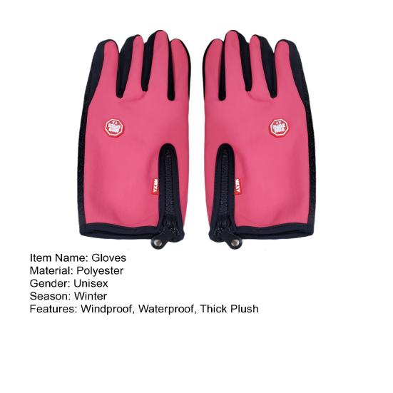 1 Pair Winter Gloves Waterproof Wear-resistant Anti-slip Cycling Climbing Zip-up Thick Plush Windproof Five Finger Touch Screen Outdoor
